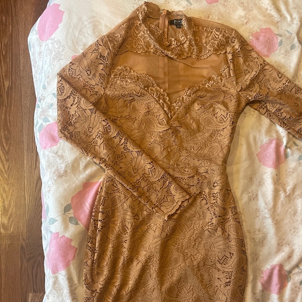 Tan Lace Long Sleeve Dress